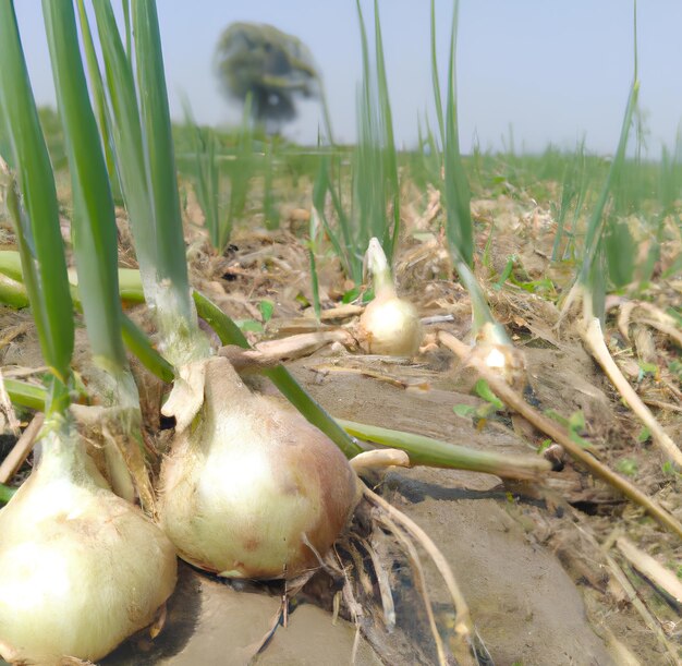 Onions are growing in a field with a tree in the background.