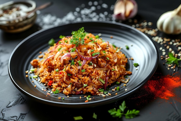 Onions and Garlic Rice on Black Plate