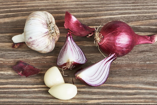 Onions and garlic on table