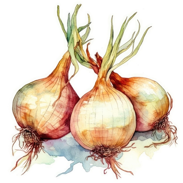 Onions in watercolor style with ink outline on white background generative AI