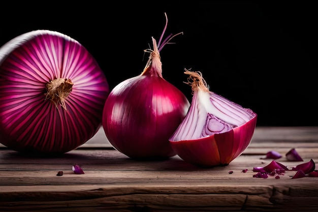 Onions with a purple onion on a black background