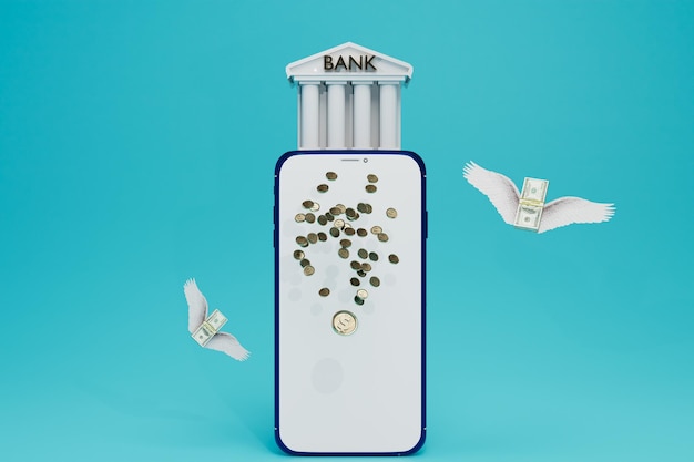 Online banking concept bank building smartphone flying dollars and coins in the phone 3d render