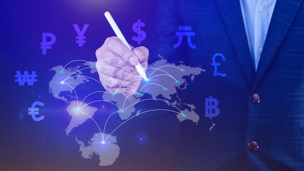 Online banking interbank payment concept Businessman pressing with virtual global currency symbols money transfers and currency exchanges between countries of the world