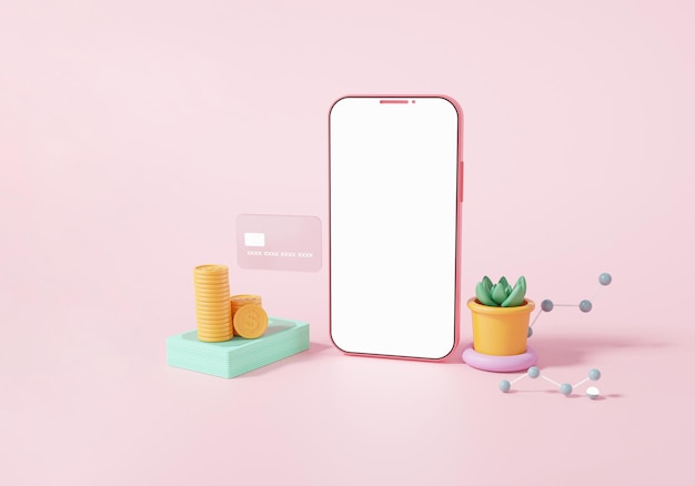 Online betalen via creditcard of debetconcept. en smartphone wit leeg touchscreen blanco vooraanzicht Financiële transacties op internet Verbind over de hele wereld. op roze achtergrond, 3D-rendering