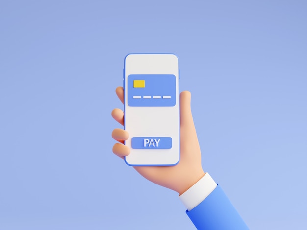 Online betaling 3d render illustratie met menselijke hand in blauw pak met mobiele telefoon met creditcard en betaalknop op touchscreen. Geldoverdracht en elektronisch portefeuilleconcept.