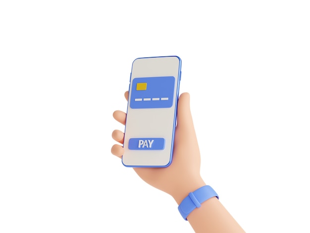 Online betaling en elektronische portemonnee 3d render illustratie, menselijke hand met horloges met mobiele telefoon met creditcard en betaalknop op touchscreen geïsoleerd op een witte achtergrond.