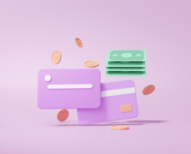 Online betalingen creditcard- of debetkaartconcept Financiële transacties op internet Maak over de hele wereld verbinding. dollar groen geld drijvend op paarse achtergrond minimalistische stijl, 3D-rendering