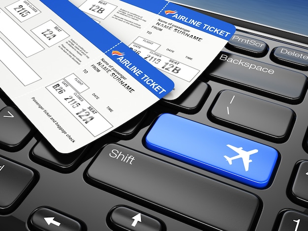 Photo online booking airplane tickets laptop keyboard  3d