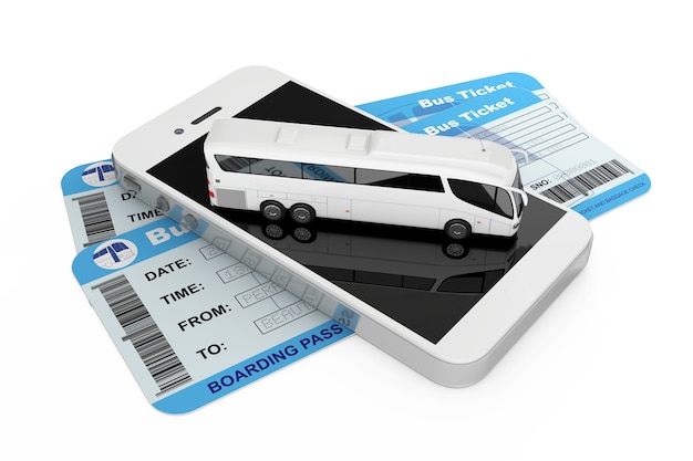 Photo online booking concept. big white coach tour bus over mobile phone amd bus tickets on a white background. 3d rendering