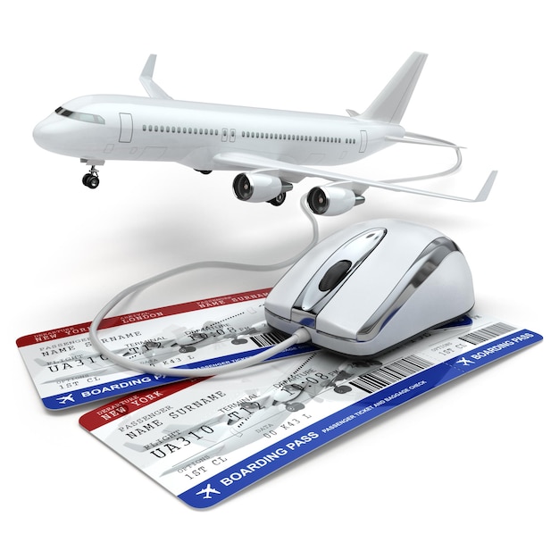 온라인 예약 항공편 또는 여행 개념. 컴퓨터 마우스, 항공 티켓 및 비행기. 3d