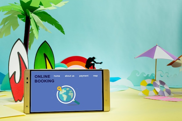 Online booking at mobile with a beach view in the background on Creative Paper Cr