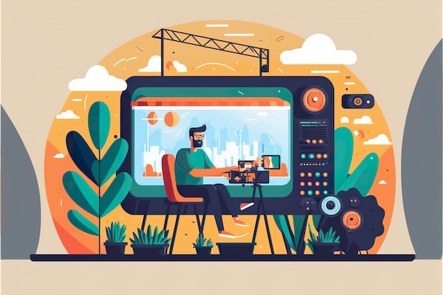 Photo online broadcasts and video content flat illustration