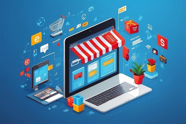 Photo online business ecommerce shopping market place on a blue background