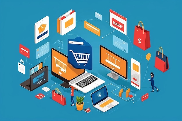 Photo online business ecommerce shopping market place on a blue background