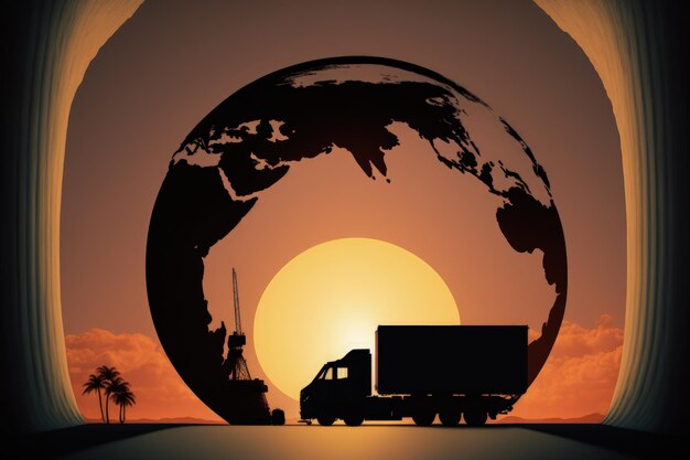 国際速達輸送によるオンライン ビジネス取引 配送業 世界中での荷物の受け取り 物流トラック 配送用バン 輸出入業務