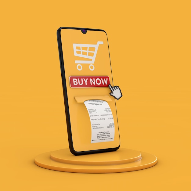 Online acquista ora concept mobile smartphone con pulsante acquista ora carrello icona e stampa astratta shopping paper bill receipt rendering 3d