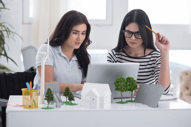 Online calculation. Clever disabled woman and colleague modeling alternative village while using laptop