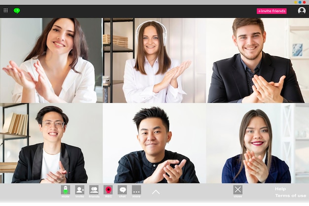 Photo online call group conference satisfied team screen