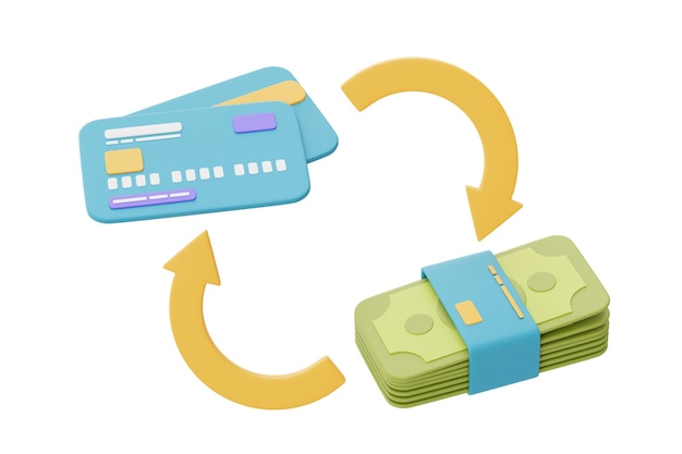 사진 파란색 신용 카드 및 banknotes3d 렌더링을 사용한 온라인 캐시백 서비스 또는 디지털 결제 개념