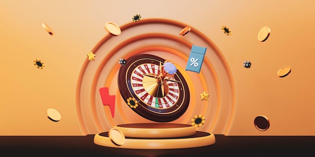 Online casino 3D realistic roulette wheel on black podium and gold background with blur effect