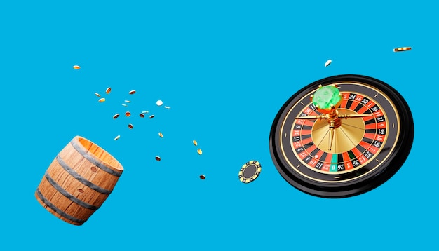 Online casino 3D realistic roulette wheel on blue isolated background 3d render