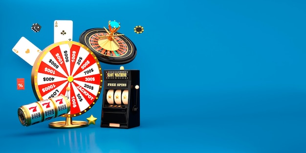 Online casino 3d realistic roulette wheel fortune wheel and\
slot machine on blue background