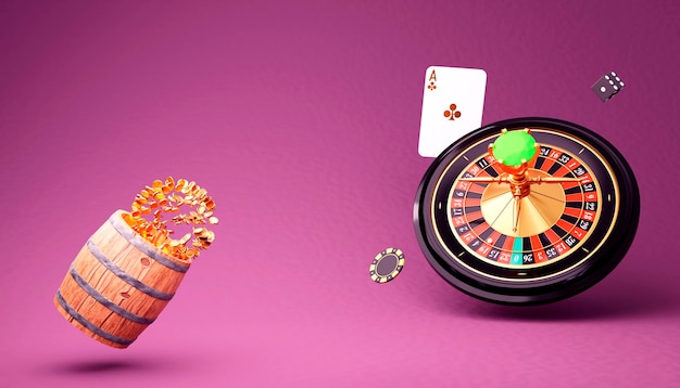 Online casino 3D realistic roulette wheel on pink background Wood barrel with flying coins chips ace