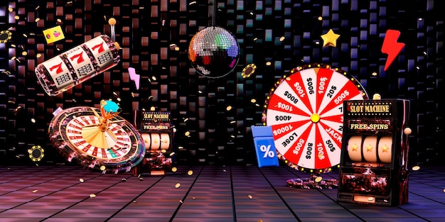 Online casino 3d realistic roulette wheel and slot machine on
black with neon background 777 big win