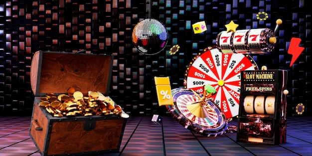 Online casino 3D realistic roulette wheel and slot machine on black with neon background 777 Big win