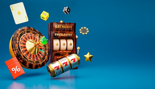 Online casino 3D realistic roulette wheel and slot machine on blue background 3d render