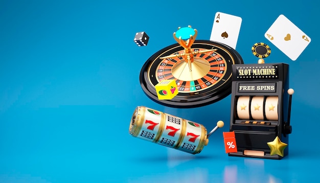 Online casino 3d realistic roulette wheel and slot machine on\
blue background 777 big win concept banner casino gambling concept\
design 3d rendering illustration