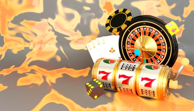 Online casino 3D realistic roulette wheel and slot machine on fire background 777 Big win concept