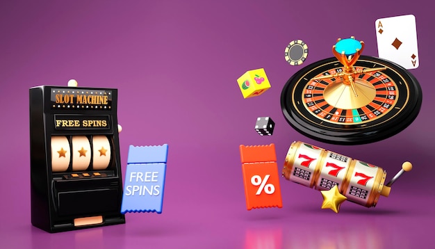 Online casino 3d realistic roulette wheel and slot machine on\
lilac background 777 big win concept banner casino gambling concept\
design 3d rendering illustration