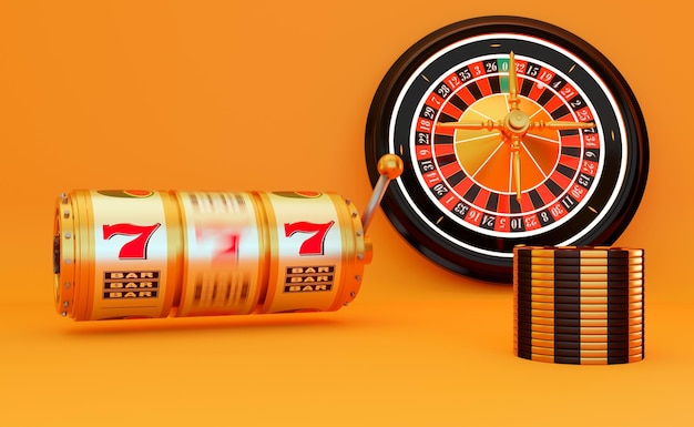 Online casino 3D realistic roulette wheel and slot machine on orange background Gambling concept