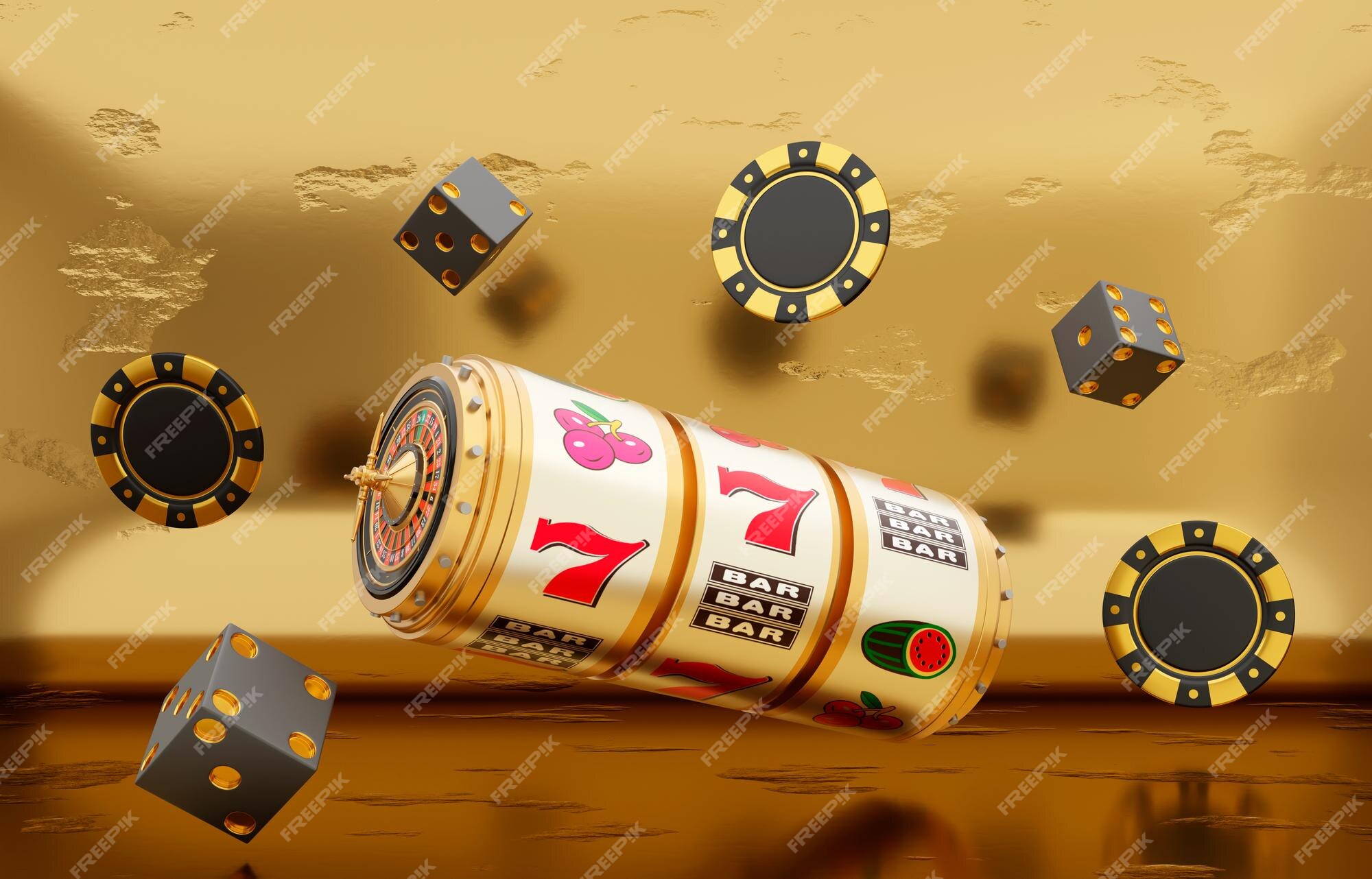 Premium Photo | Online casino 3d realistic slot machine with casino  roulette flying chips and dices on gold bg