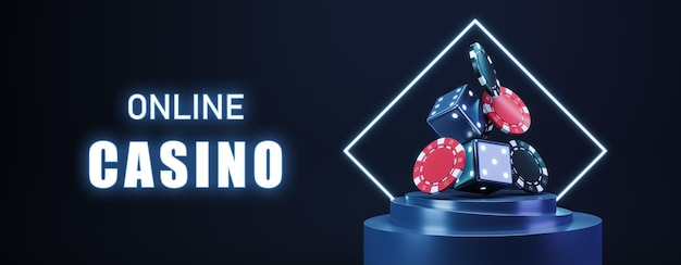Баннер онлайн-казино на темно-синем фоне 3D рендеринг