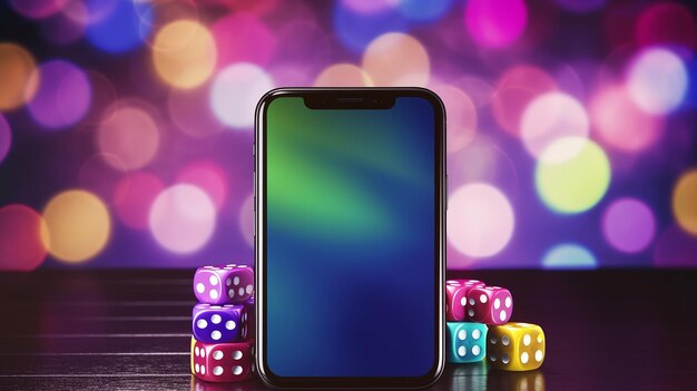 Photo online casino banner smartphone with playing chips 3d