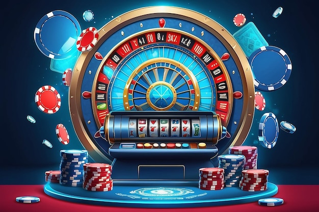 Online casino blauwe banner met digitaal 3D podium in cilindrische vormen gokkast