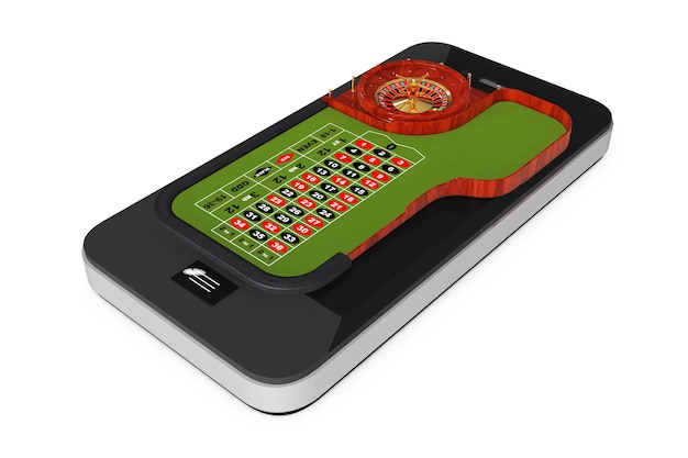 Concetto di casinò online. tavolo da roulette classico del casinò sopra il telefono cellulare su un fondo bianco. rendering 3d.