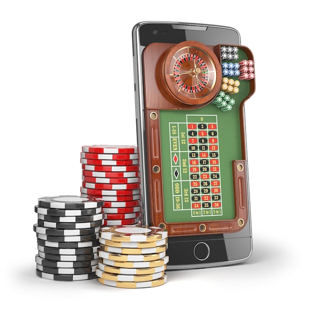 Online casino concept Mobile phone with roulette and casino chips isolated on white background