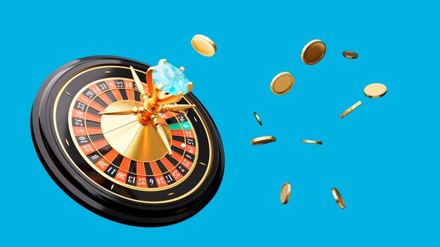 Photo online casino concept roulette wheel and flying gold coins on blue isolated background 3d render