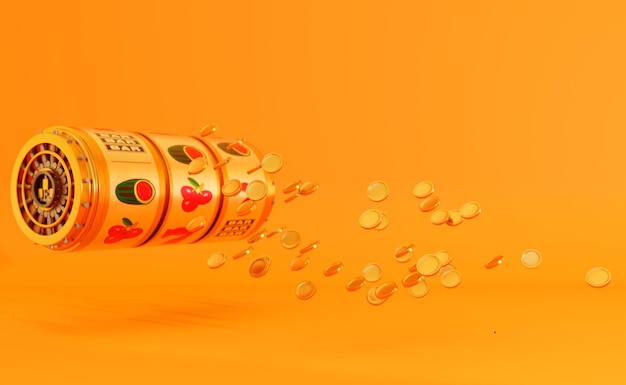 Online casino concept Slot machine gold color with flying gold coins on orange background