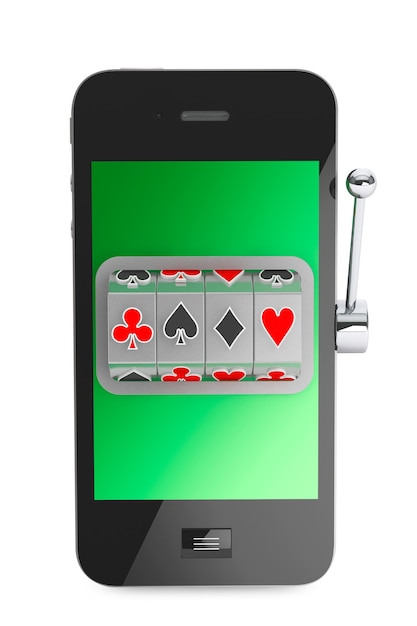 Online casino concept. Slot machine inside Mobile Phone on a white background