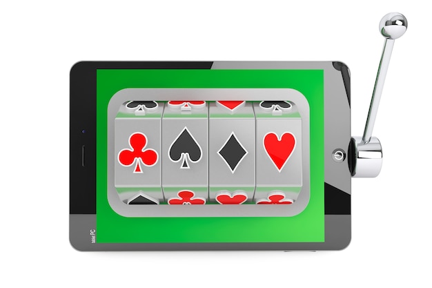 Online casino concept. Slot machine inside Tablet PC on a white background