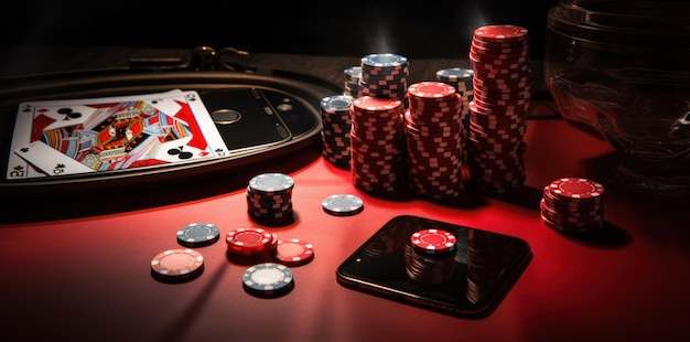 online casino concept speelkaarten dobbelstenen chips en smartphone met copyspace op de groene tafel Generatieve AI