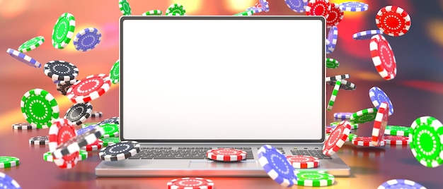 Online casino gambling Blank laptop screen falling poker chips background 3d illustration