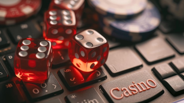 Foto gioco di casinò online di poker e blackjack nel tuo smartphone o portatile casinò sullo schermo del monitor chip e dadi di roulette banner pubblicitario poster iscrizione