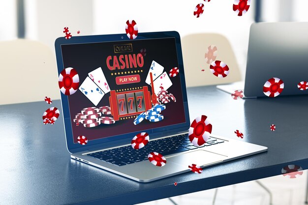 Photo online casino and gaming gambling on device concept close up of laptop computer at desk with creative slot machine and other games 3d rendering