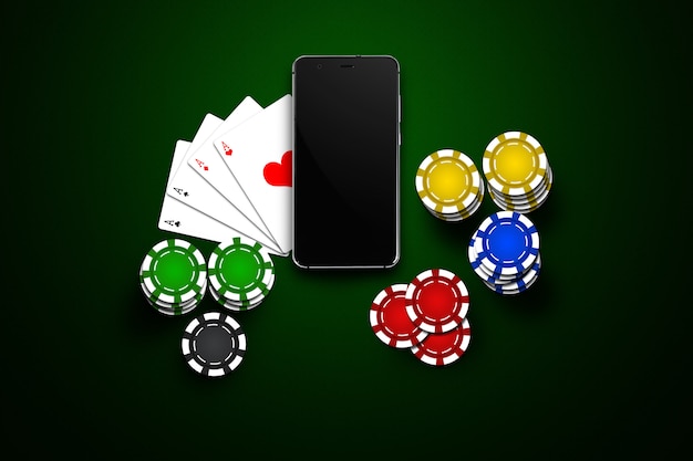 Casinò online, casinò mobile, telefono cellulare, carte chip su verde