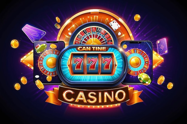 Foto online casino oranje banner met smartphone casino slot machine roulette speelkaarten poker chips